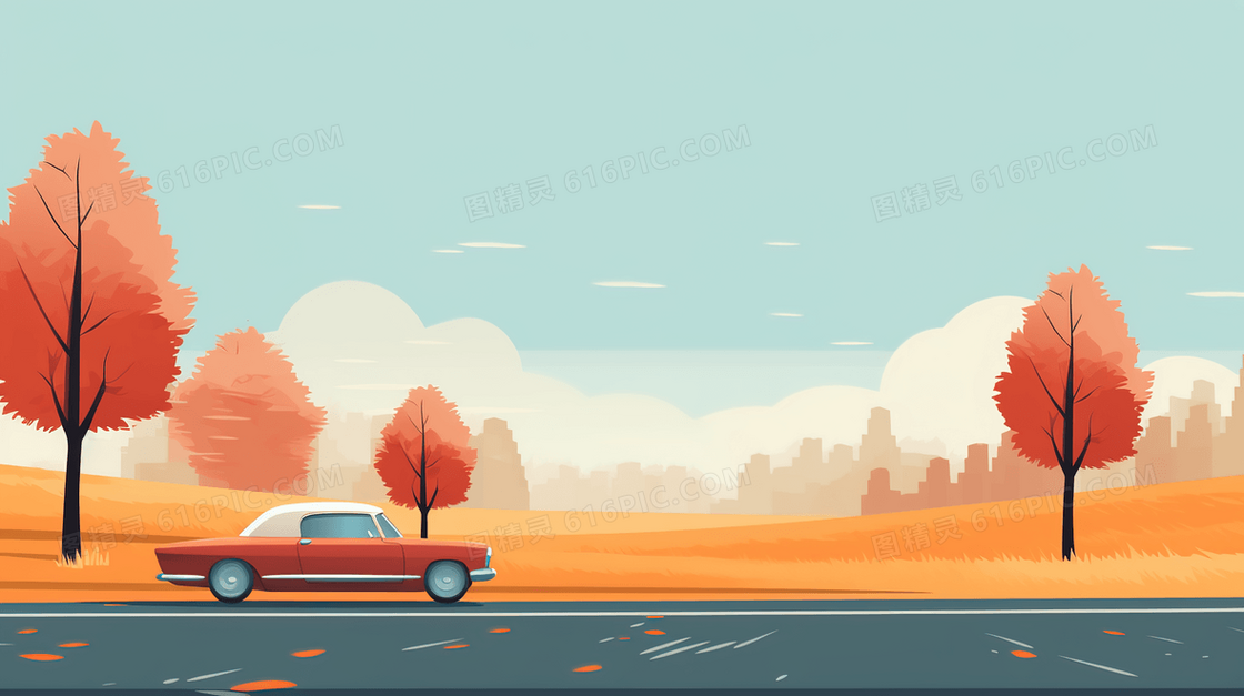 秋天金色草地道路上驰行的红色轿车风景插画