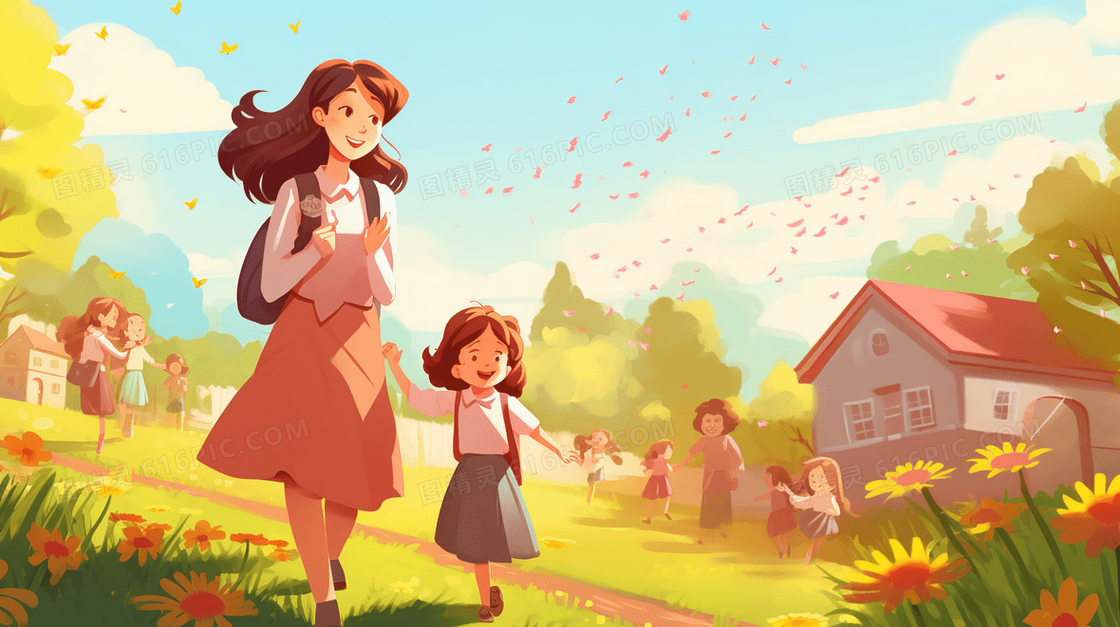 校园里接妹妹放学的学生姐姐温馨治愈插画