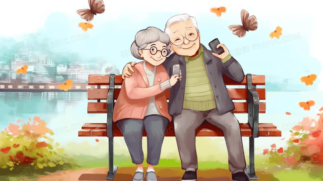 坐在河边长椅上的恩爱老年夫妇温馨插画