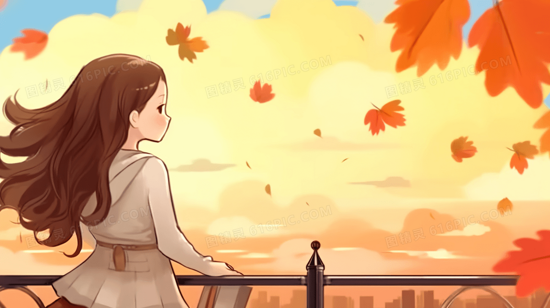 秋天金色落叶纷飞围栏边的女孩插画