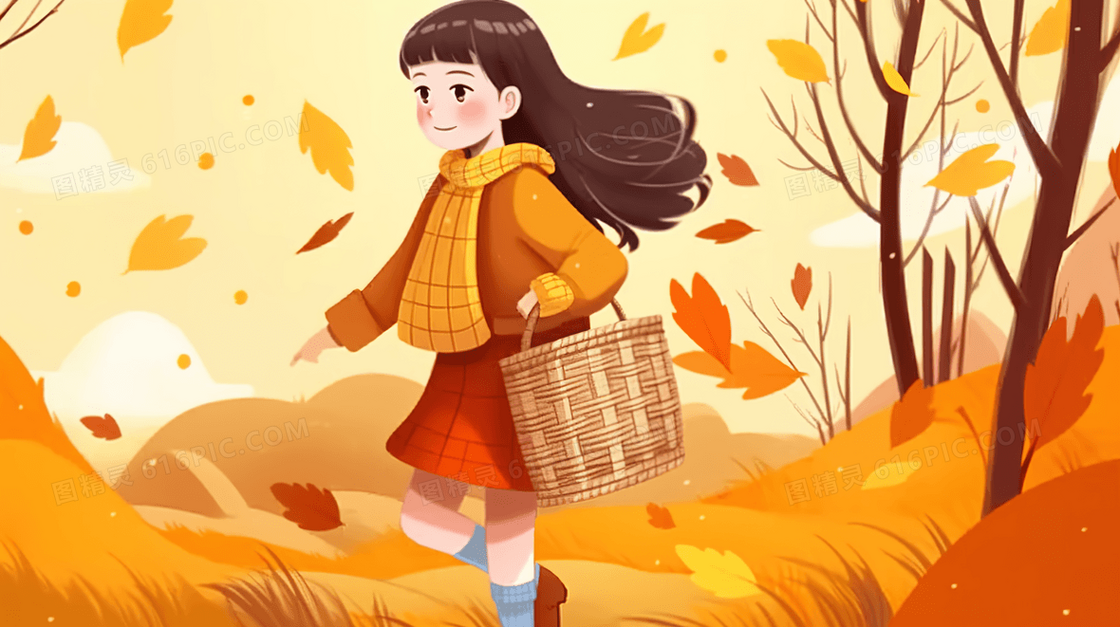 秋天金色落叶纷飞的树林里拿着篮子的小女孩插画