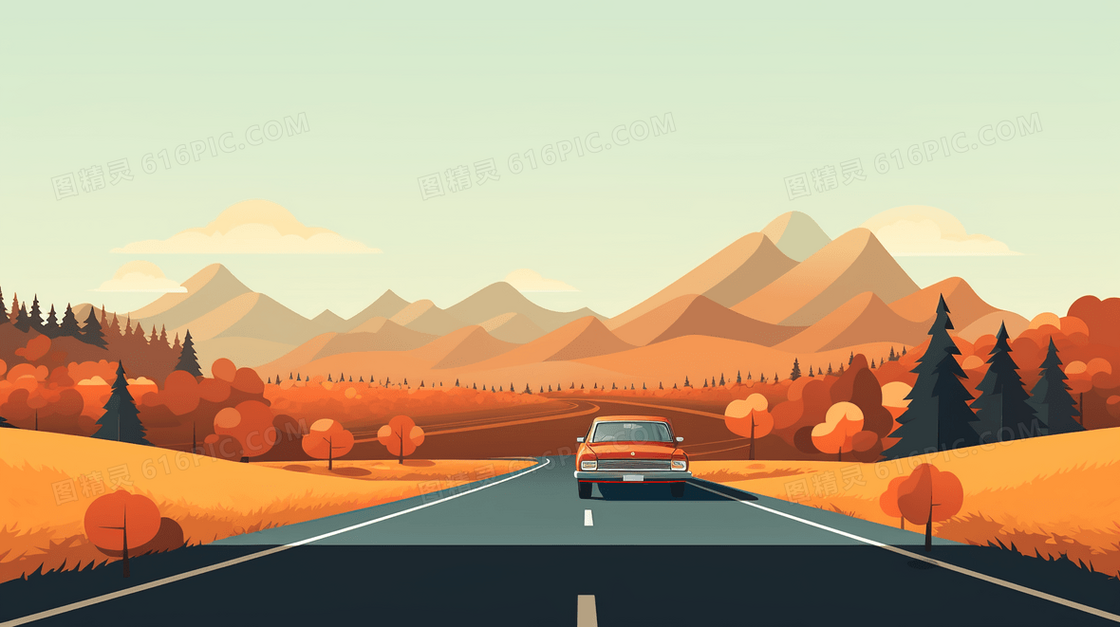 秋天金色草地道路上驰行的红色轿车风景插画