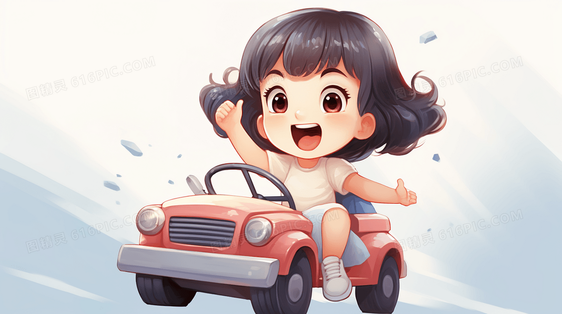 在玩具赛车上快乐玩耍的可爱小女孩插画