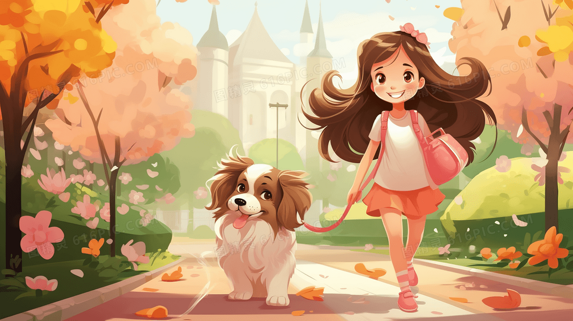 女孩牵着宠物狗走在开满粉色花朵的路上插画