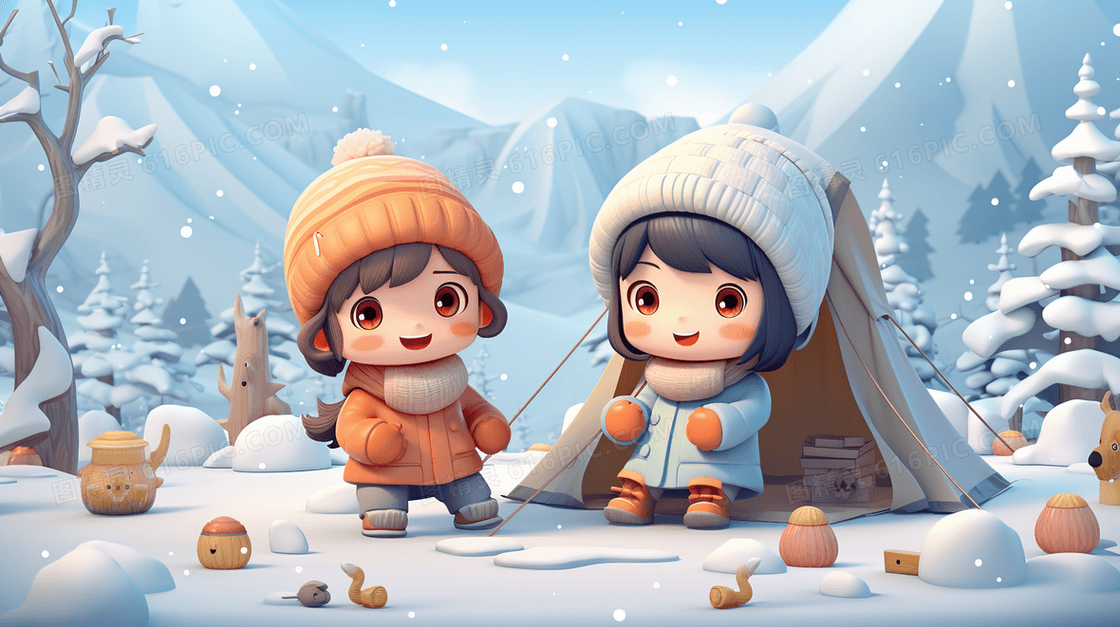 雪地里露营帐篷旁的男孩女孩立体可爱卡通插画