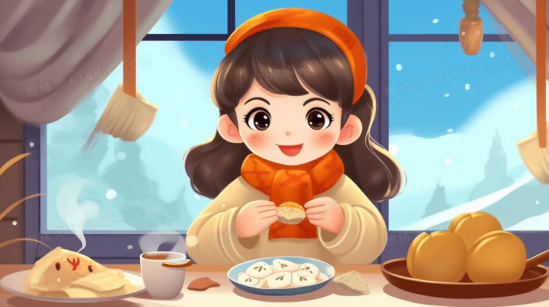 冬天下雪天在家吃美食的小女孩插画