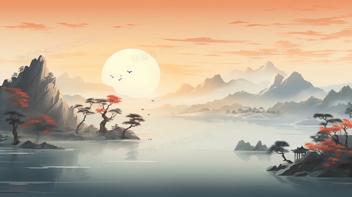 日落时分中国风古典山水风景插画