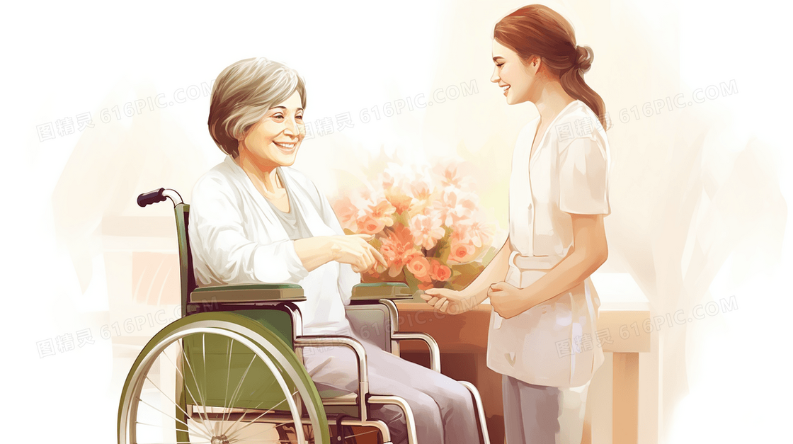 疗养院陪伴坐在轮椅上的老人的年轻人温馨插画