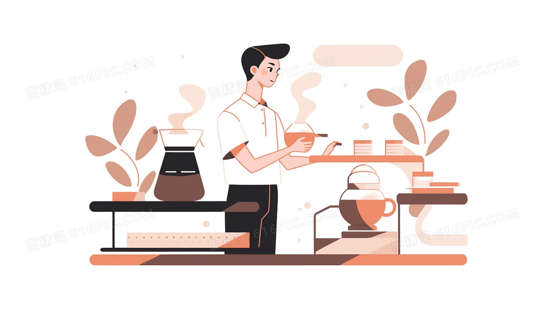 棕色咖啡店里制作饮品的男店员简约插画
