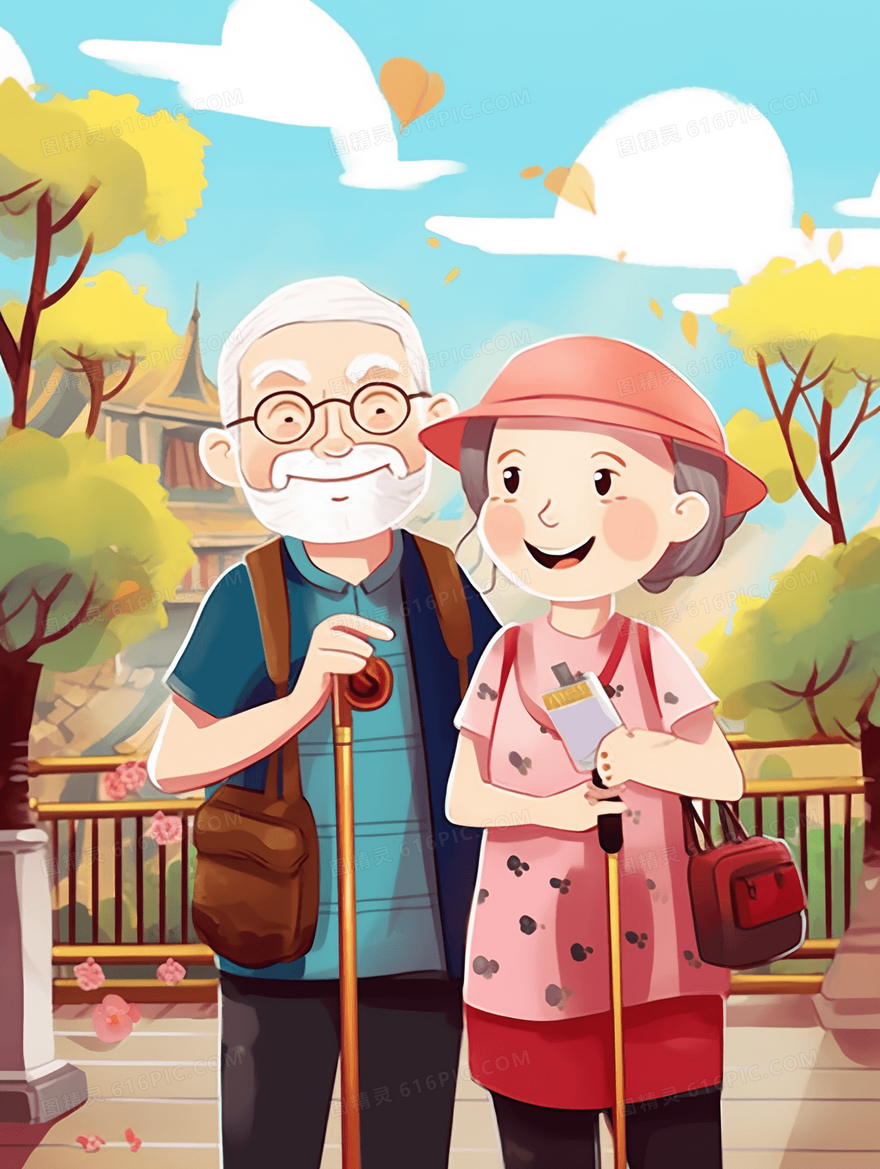 一对恩爱老年夫妇外出旅游观光温馨插画