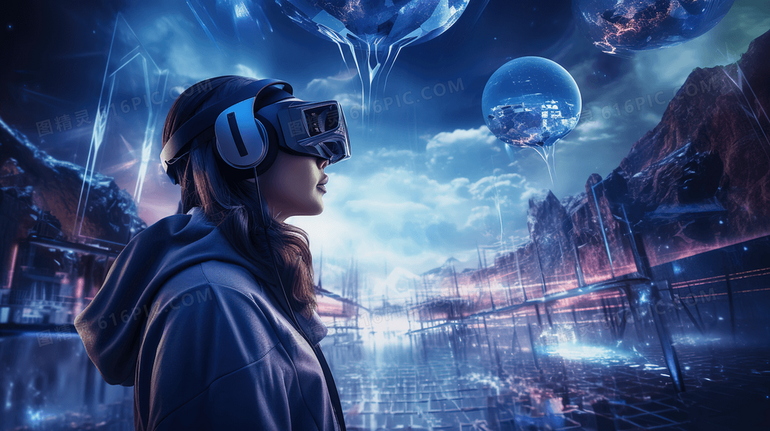 戴着VR眼镜沉浸在虚拟超现实世界的年轻人插画