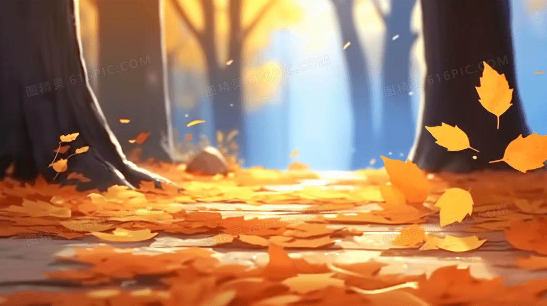 秋天铺满金色落叶的石板路插画