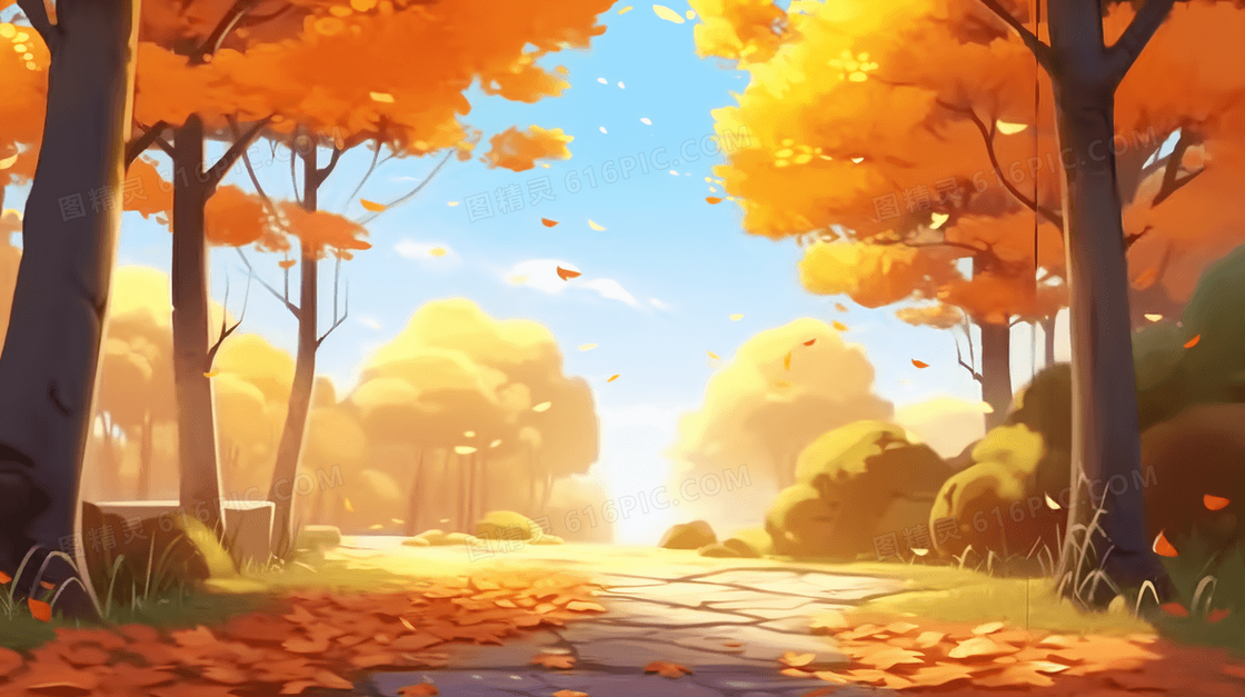 秋天铺满金色落叶的石板路插画