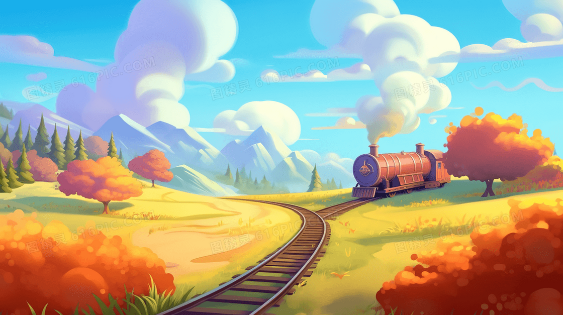 秋天金色草地上经过的火车轨道风景插画