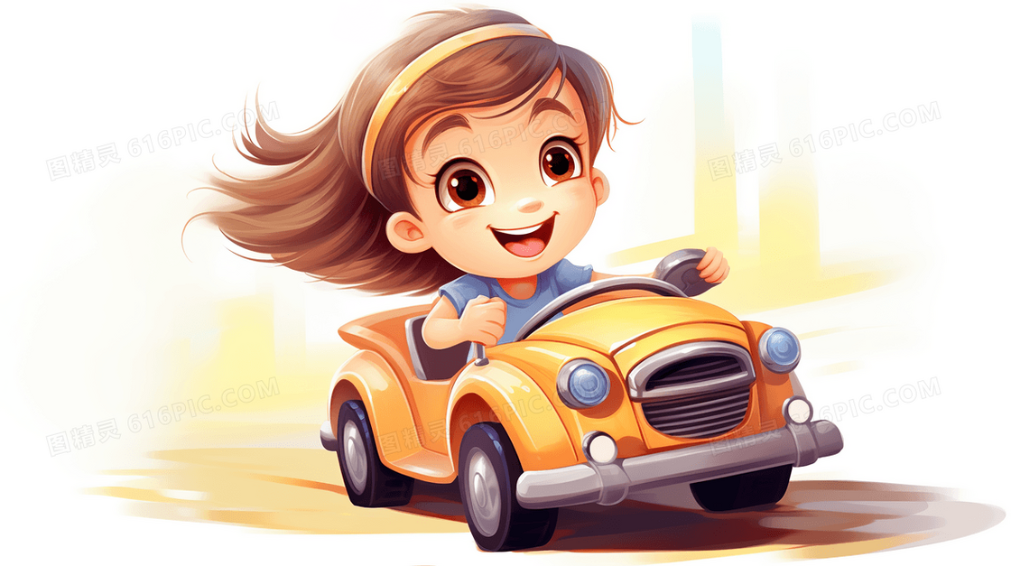 在玩具赛车上快乐玩耍的可爱小女孩插画