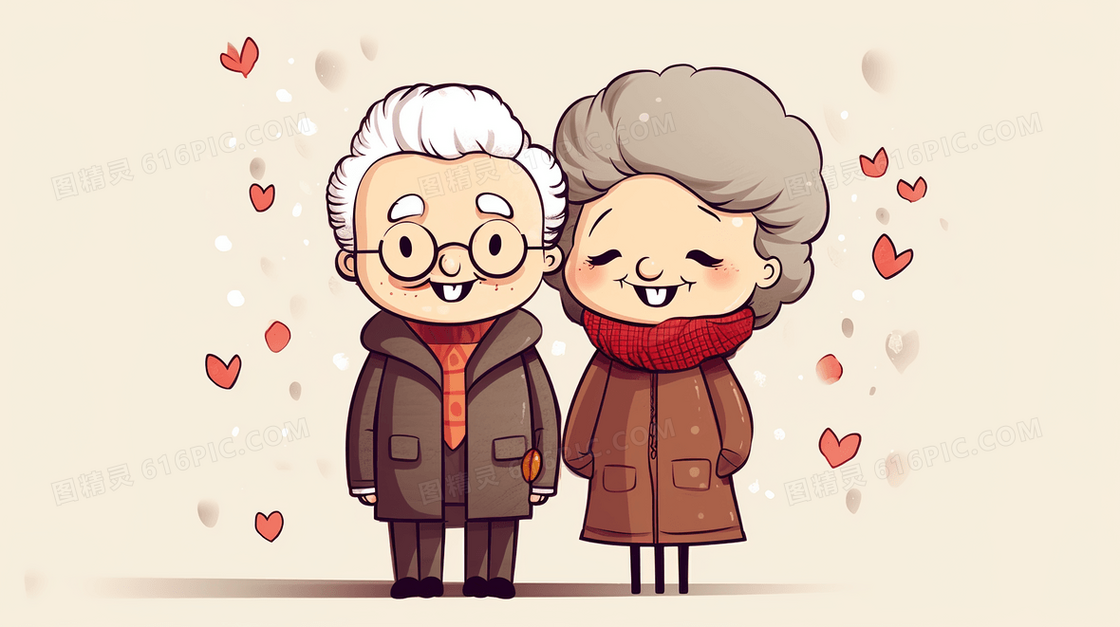 恩爱的白发老人夫妻爱情可爱卡通插画