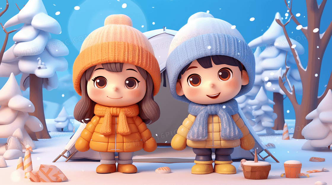 雪地里露营帐篷旁的男孩女孩立体可爱卡通插画