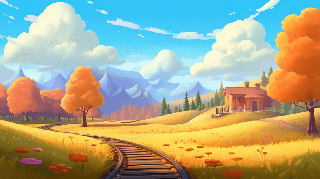 秋天金色草地上经过的火车轨道风景插画