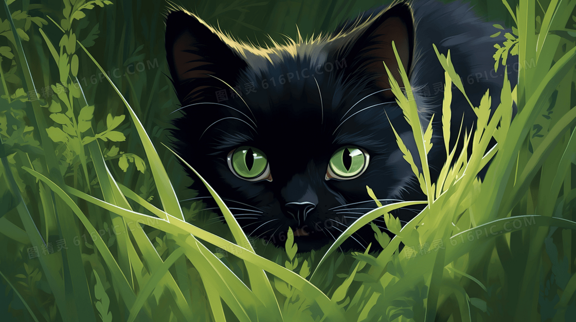 神秘趴在绿色草地里的小黑猫插画