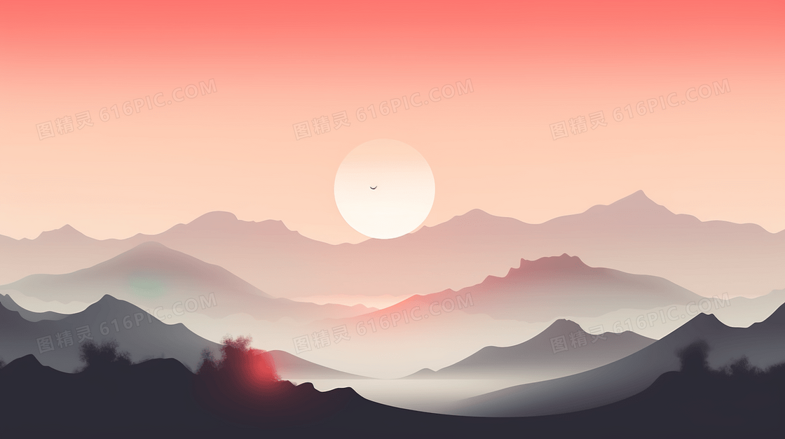 红色夕阳中国风山水风景意境插画