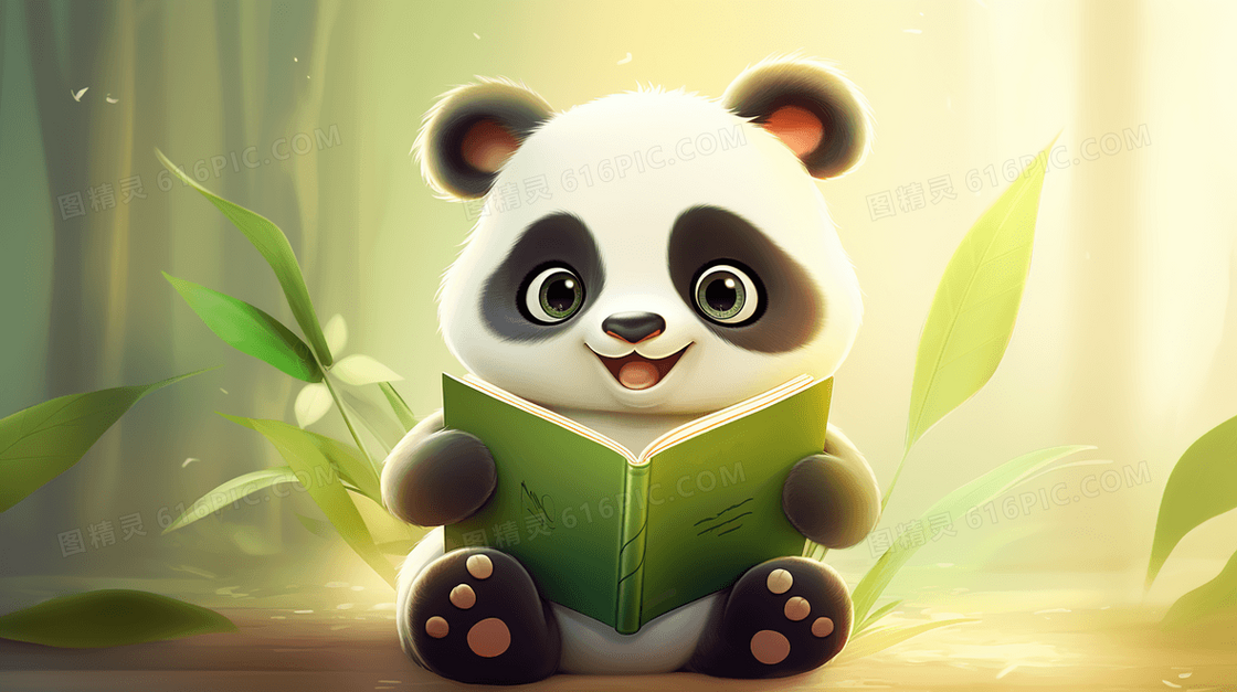 拿着绿色书本的可爱大熊猫宝宝插画