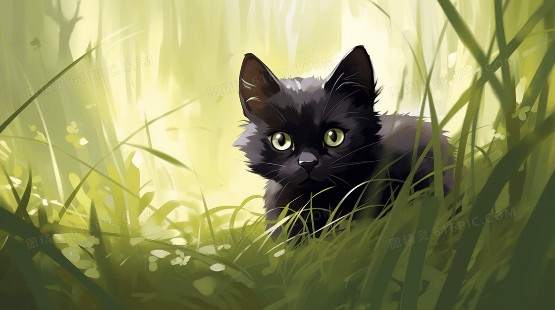 胆怯趴在绿色草地里的小黑猫插画