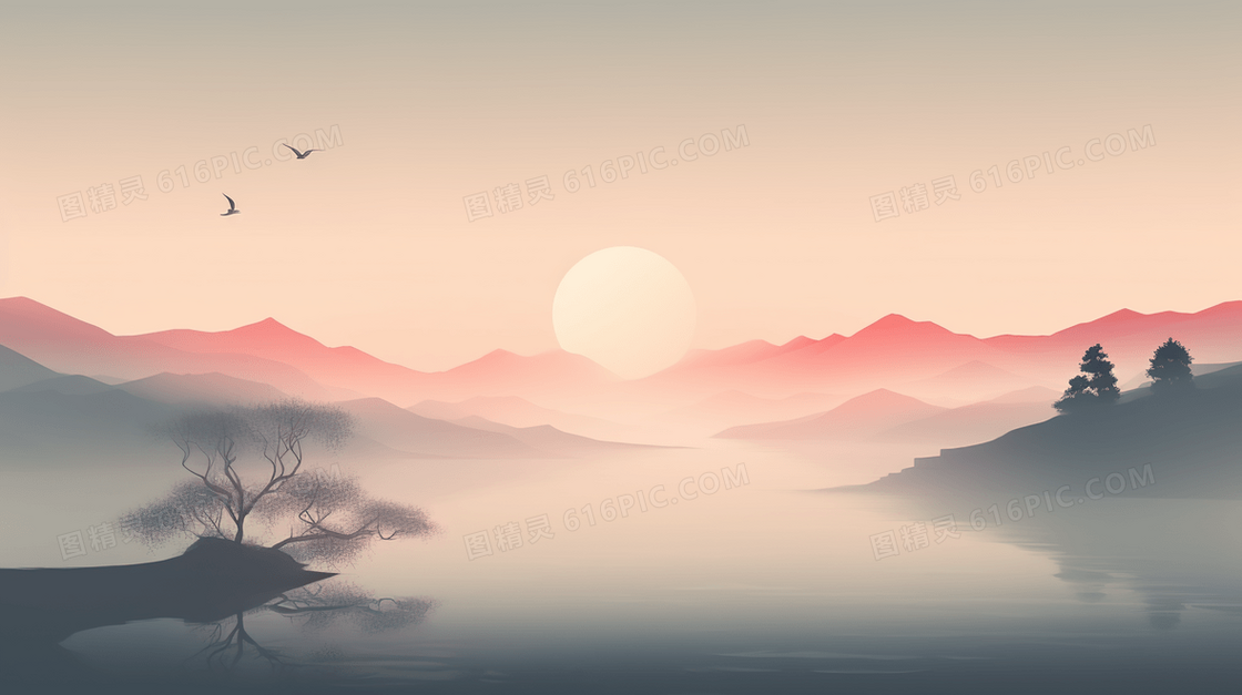 红色夕阳中国风山水风景意境插画