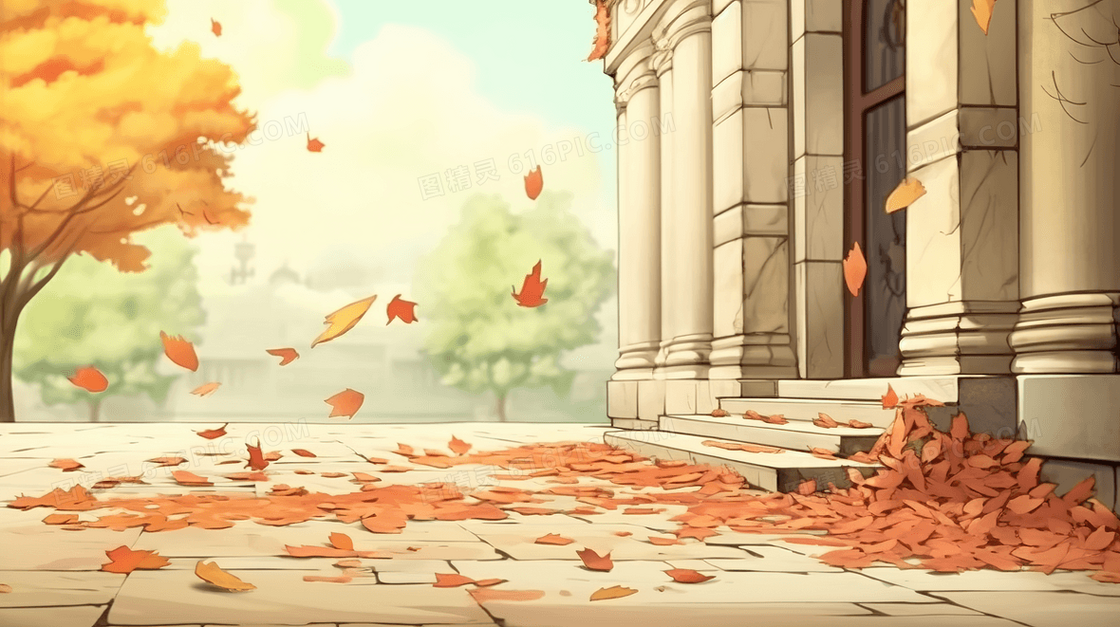 秋天建筑旁落满金色树叶的石板路插画