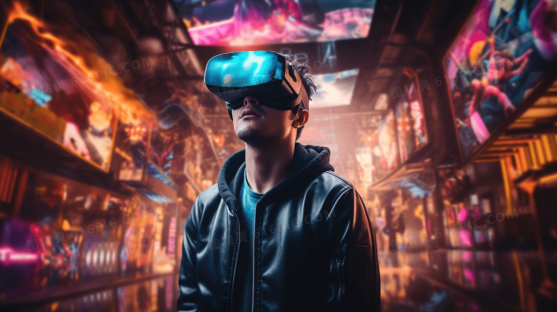 带着VR眼镜沉浸在奇幻虚拟世界中科技超现实插画