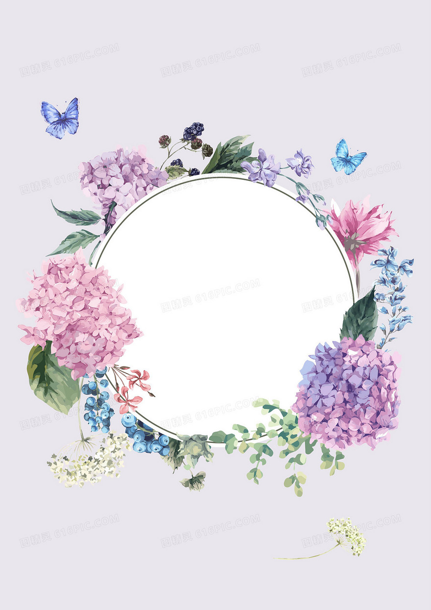 矢量紫色水彩手绘清新花朵圆框背景