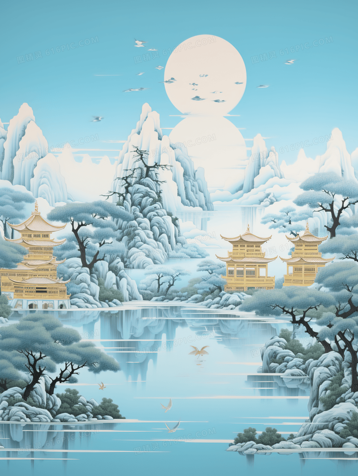 中国风立体浮雕山水风景建筑意境插画