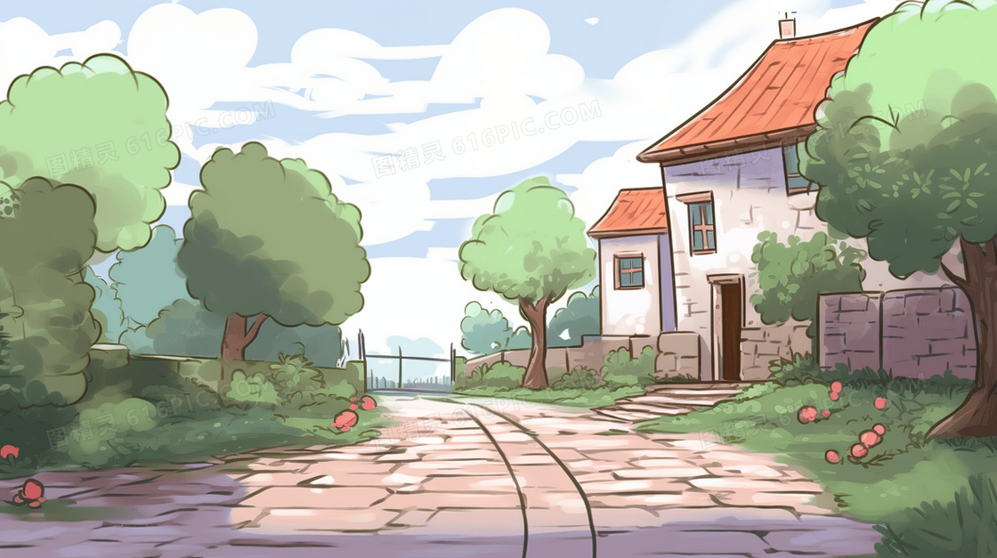 春意盎然的温馨居民小镇建筑风景插画