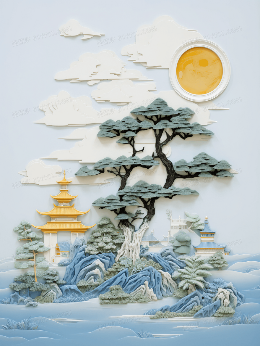 中国风立体浮雕古典山水建筑风景插画