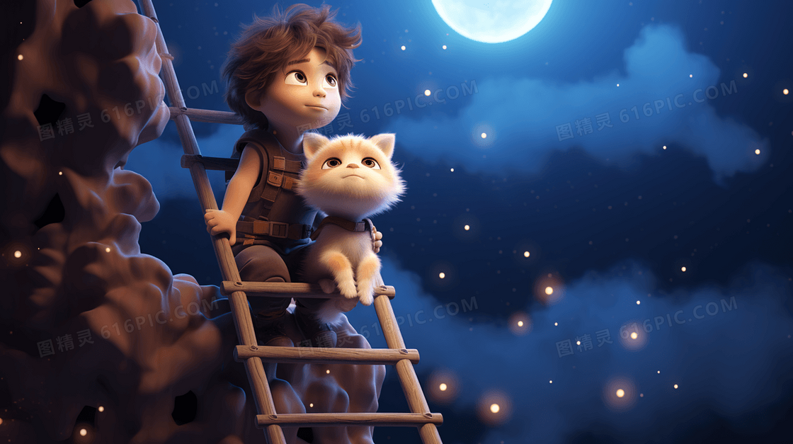 夜晚星空下小男孩和小猫爬上梯子看月亮梦幻插画