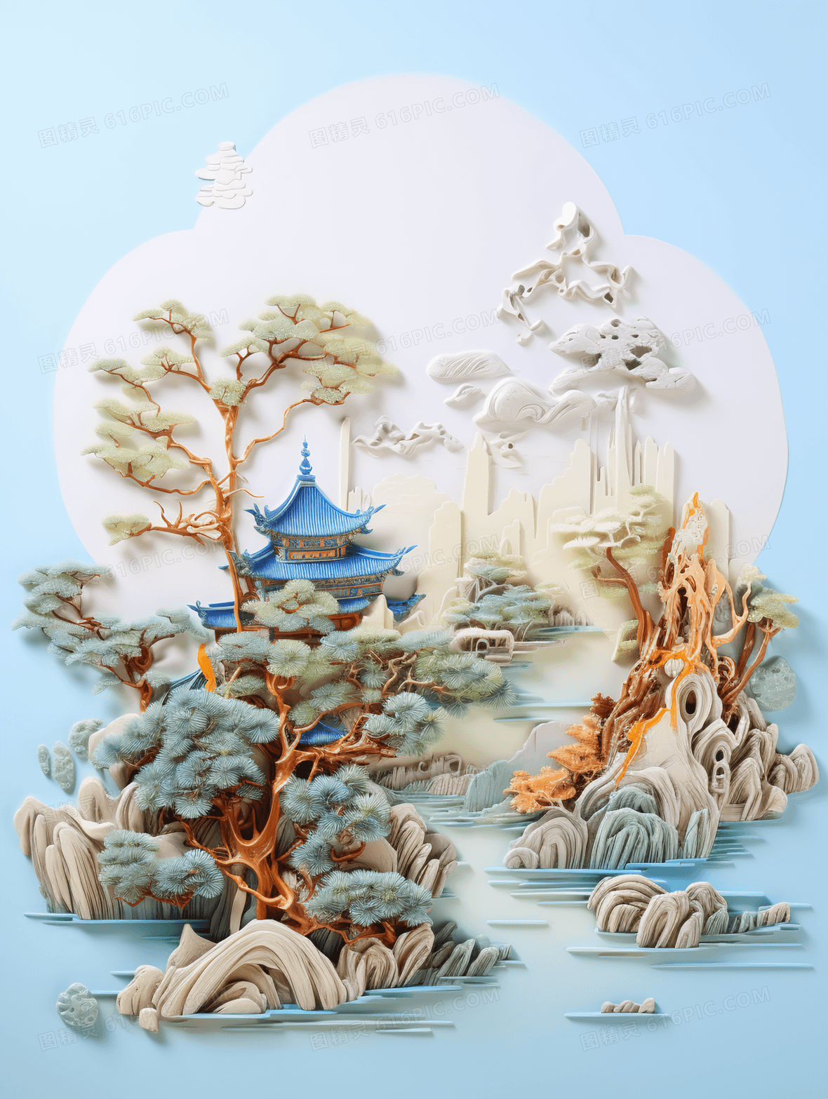 中国风立体浮雕山水风景建筑意境插画