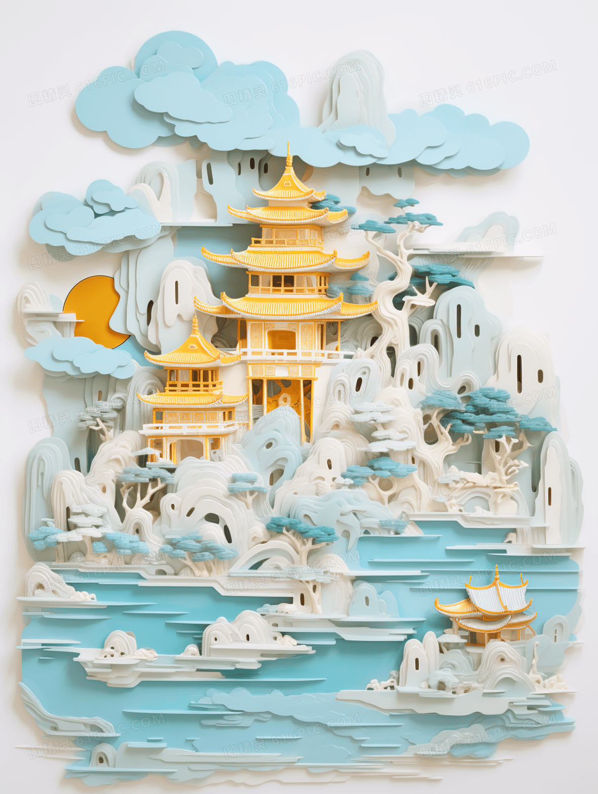 中国风立体浮雕山水风景建筑意境插画