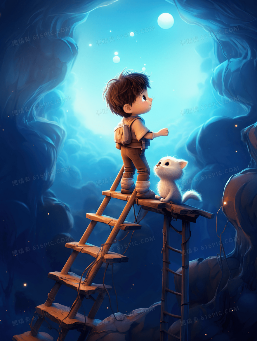 夜晚星空下小男孩和狗狗爬上梯子看月亮梦幻插画