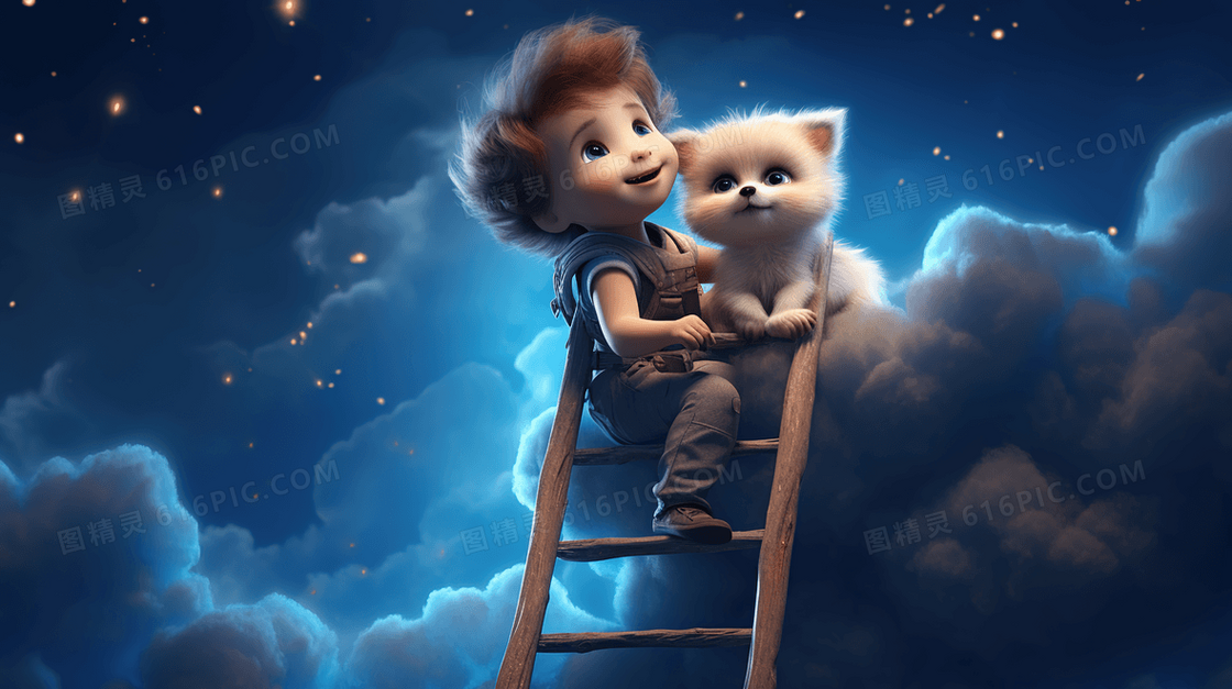 夜晚星空下小男孩和狗狗爬上梯子看月亮梦幻插画