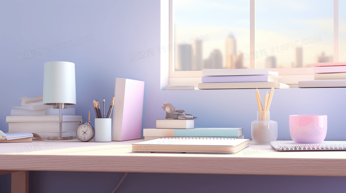 干净整洁的紫色系女孩房间书桌书本文具插画