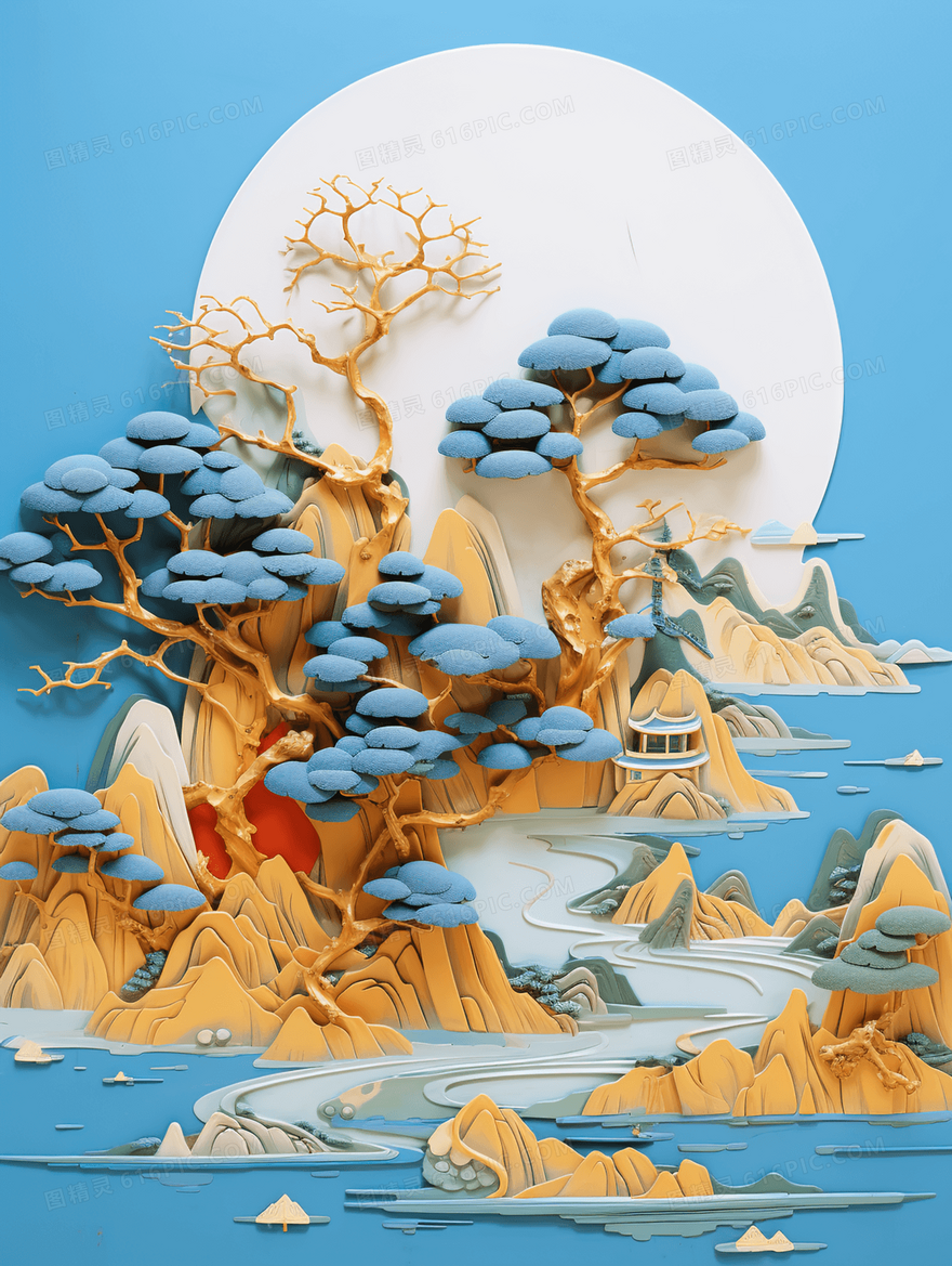 中国风立体浮雕古典山水建筑风景插画