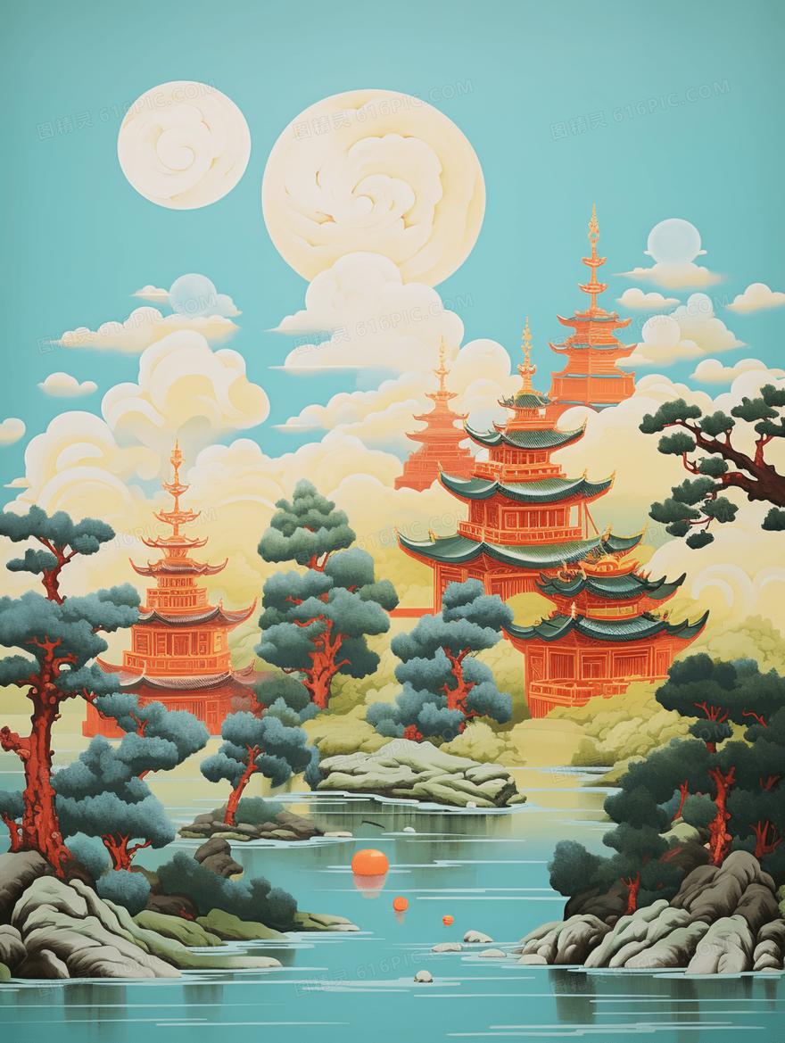 中国风古典山水建筑风景插画
