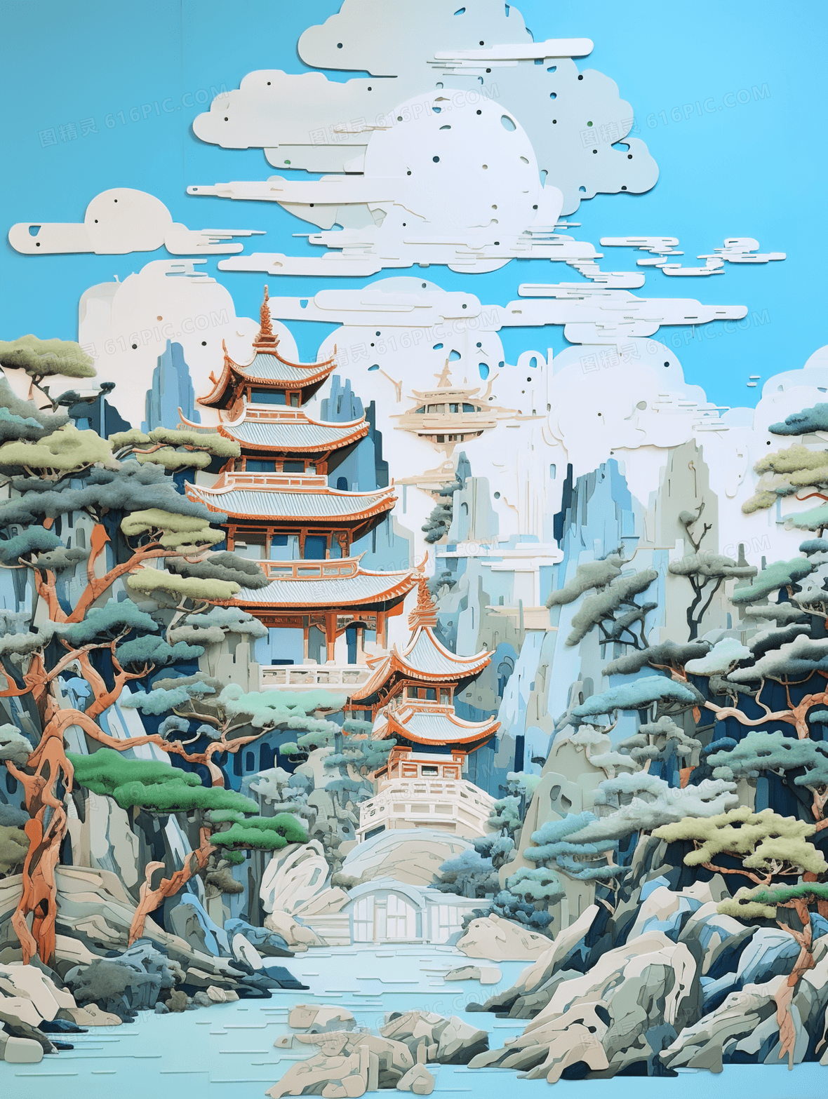 中国风立体浮雕古典山水建筑风景插画