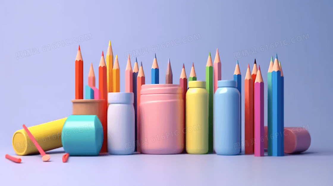 彩色笔筒里摆放整齐的铅笔和粉笔文具插画