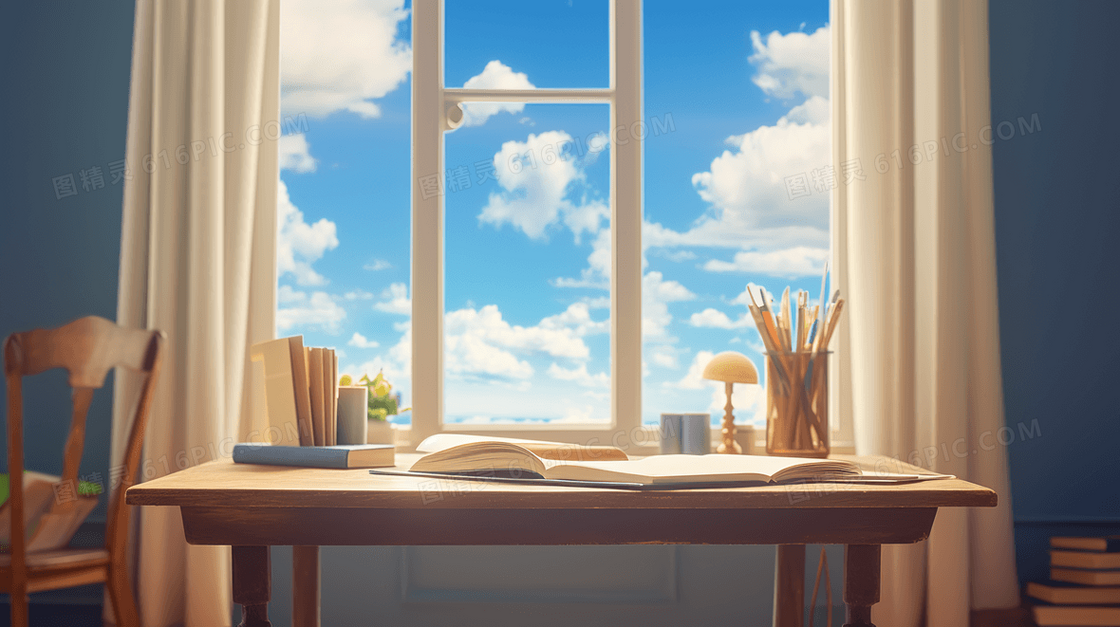 窗户旁看得到蓝天白云的书桌书本文具插画