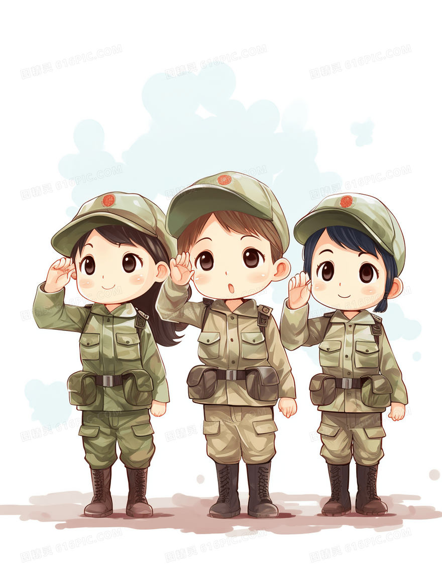 身穿迷彩服参加军训的正在敬礼的学生插画