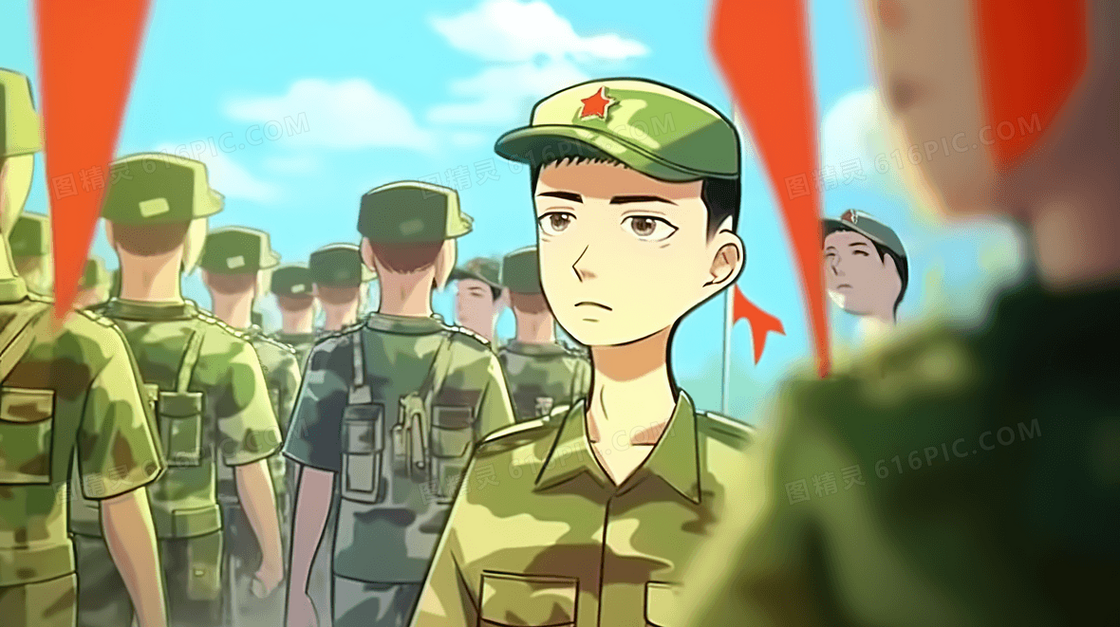 校园里穿着迷彩服参加军训的学生们插画