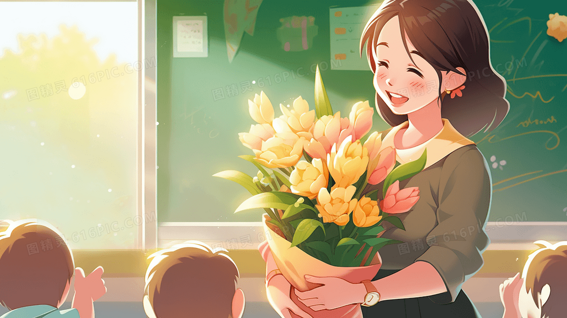 美丽的女老师抱着鲜花在黑板前开心的笑教师节创意插画