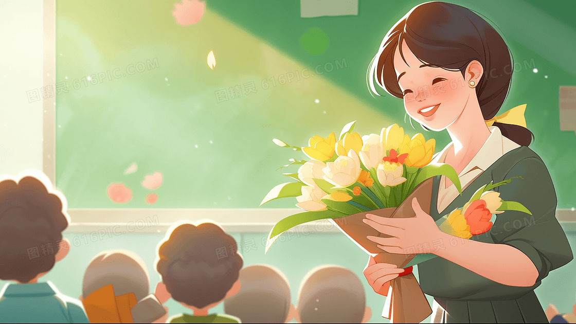 美丽的女老师抱着鲜花在黑板前开心的笑教师节创意插画
