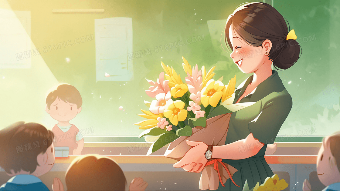 美丽的女老师抱着鲜花在黑板前开心的笑教师节创意插画