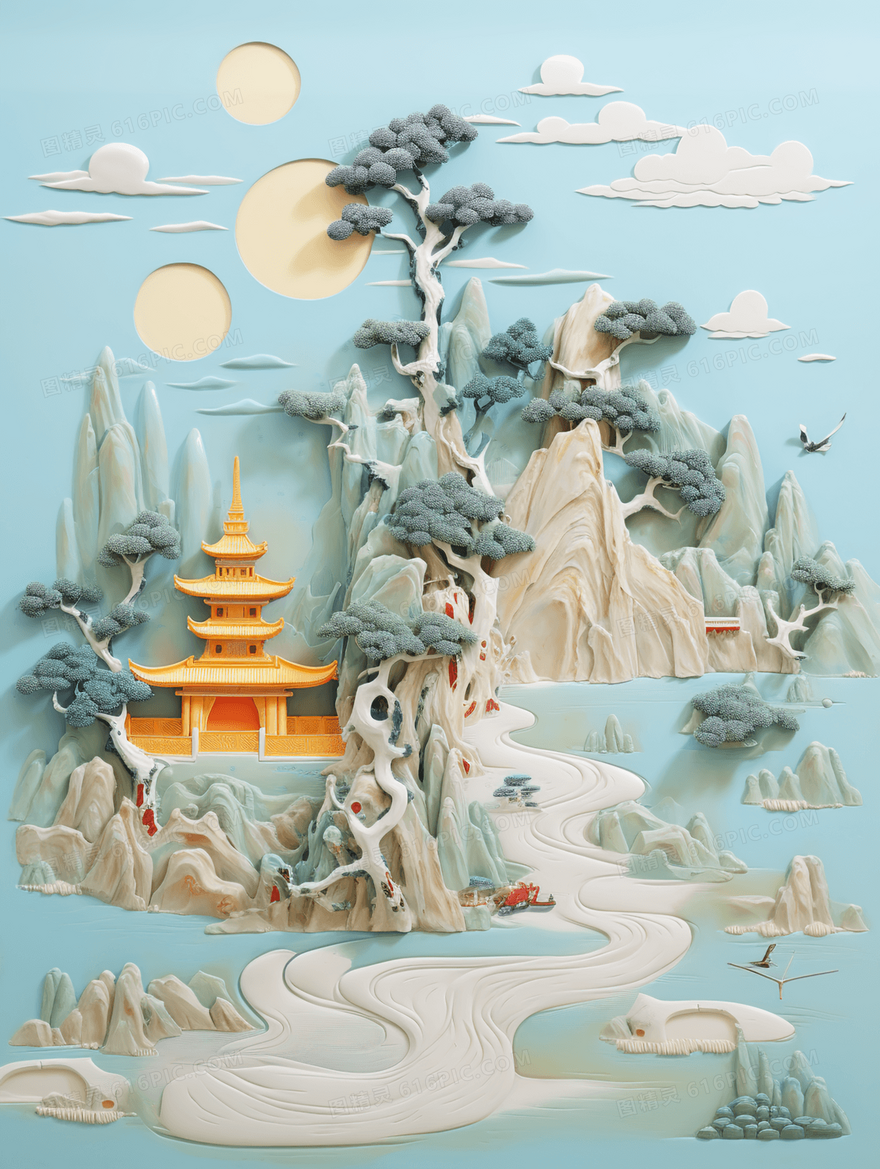 蓝色立体浮雕中国风山水树木建筑风景插画